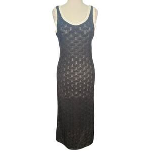 Nine West Crochet Maxi Dress Medium Black Sleeveless Cotton Lined Coastal Chic